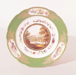 Plate depicting the old Pont de Sevres and the Pavillon de Breteuil, made in Paris